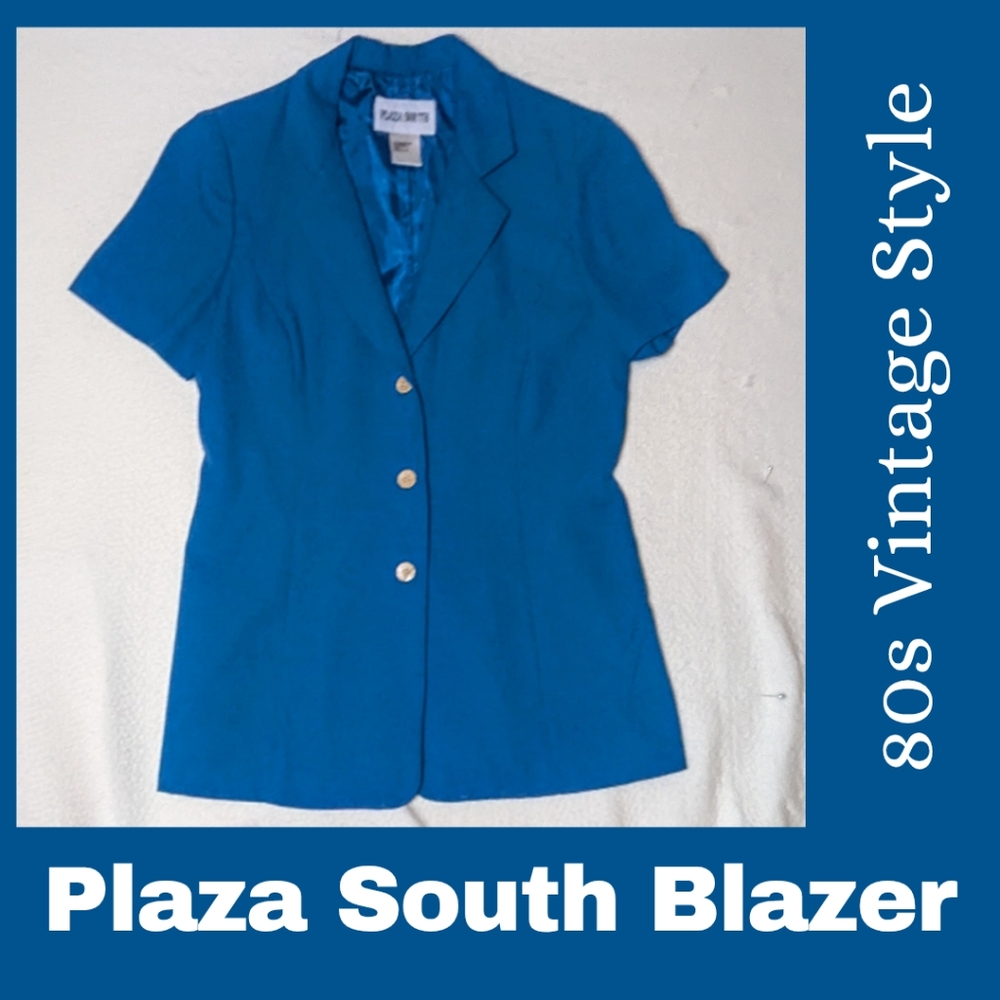 Vintage 80s Plaza South Short Sleeve Blazer Jacket Cobalt Blue, size 10